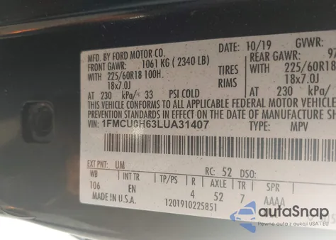 2020 Ford Escape Sel из США, поврежденный, VIN 1FMCU0H63LUA31407